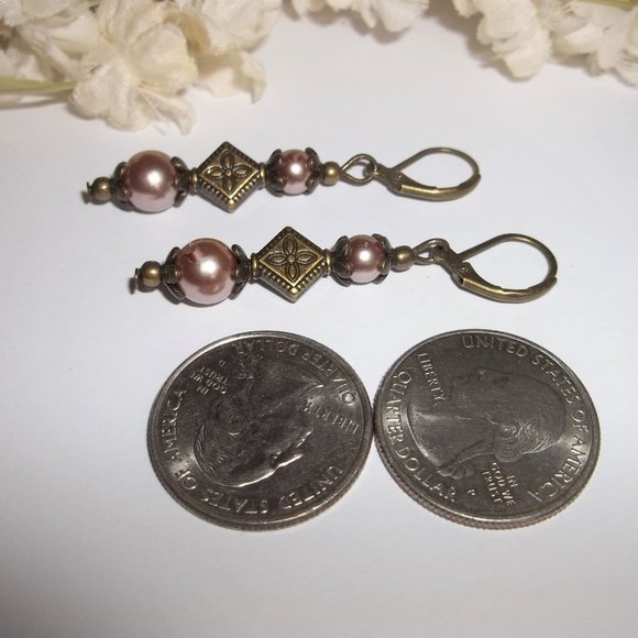 Brown Pearl Earrings, Brown Earrings, Dangle Earrings, Brown and Bronze Set 7481 - Picture 5 of 8